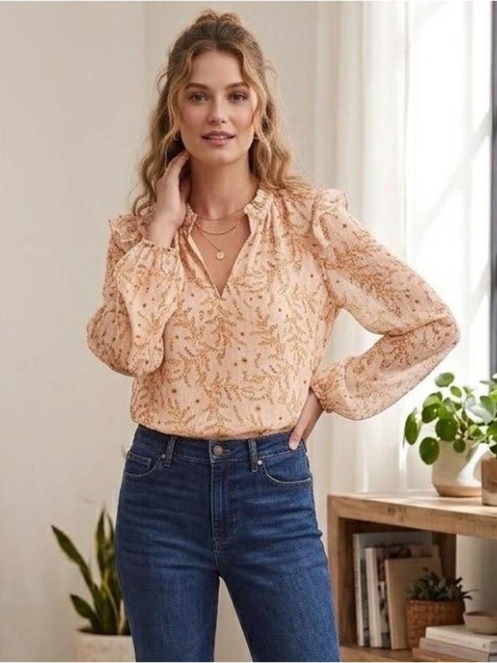 LOFT Blush Pink Gold/brown Leaf Ruffle Blouse